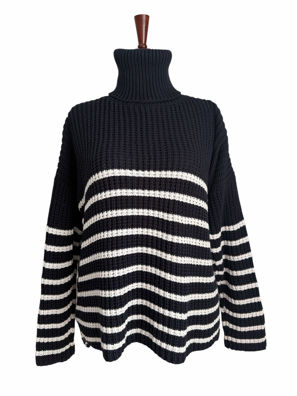Faithfull The Brand Erika Striped Cotton Turtleneck Sweater Navy White US 8 AU 1